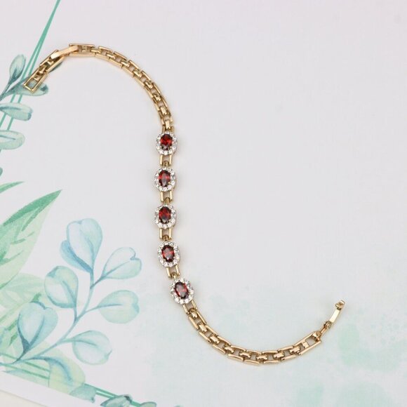 "Rose Gold Oval Red Stone Bracelet with Crystal Halo, XPBL0795 - Picture 3 of 12